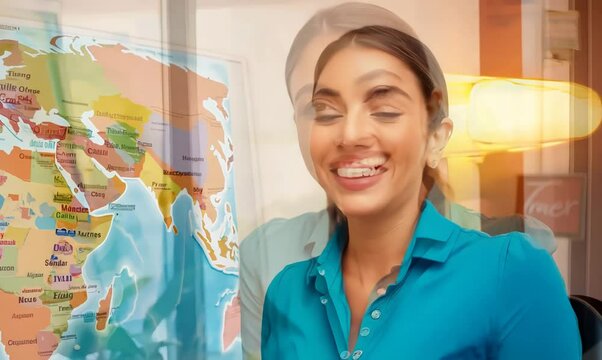 Cheerful Travel Agent Promoting Exciting Vacation Destinations