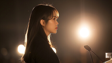 young Asian woman engaged in a heartfelt public speaking event