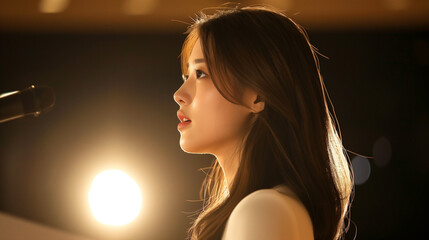 young Asian woman engaged in a heartfelt public speaking event