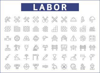 Set of Labor Day and industry Icons line style. Contains such Icons as engineer, architect, service, job, worker, factory, builder, labour, employee, helmet And Other Elements.