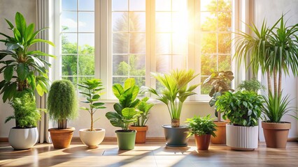 Fototapeta premium Houseplants basking in the sunlight of a vibrant interior , houseplants, sun-drenched, thriving, greenery