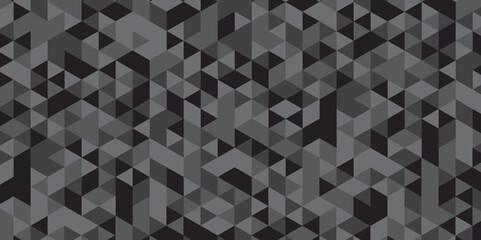 Abstract geometric black and gray background seamless mosaic and low polygon triangle texture wallpaper. Triangle shape retro wall grid pattern geometric ornament vector square element background.