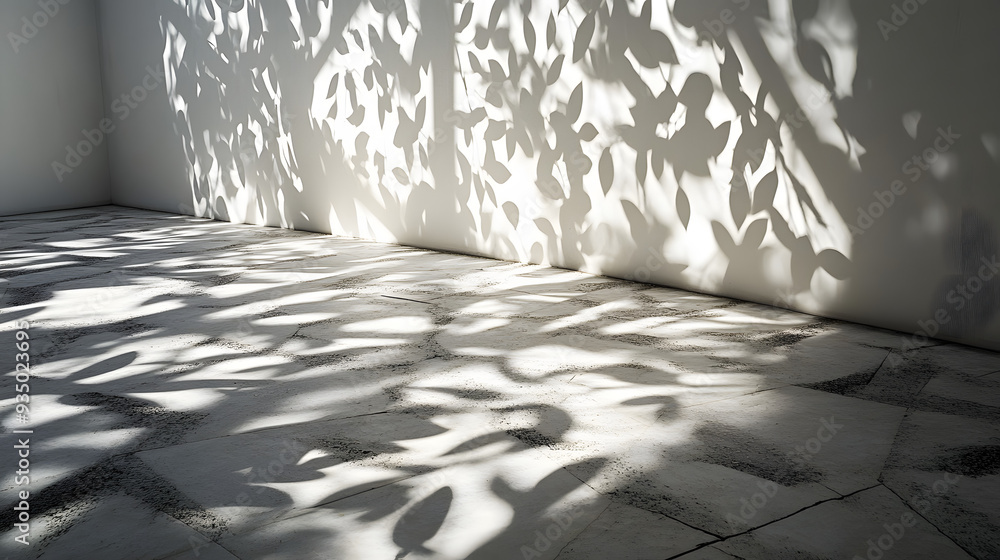 Aufkleber a room with white walls and floor is lit by light casting leaf patterns, creating dark shadows and b