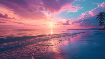 Obraz premium Tropical sea beach colorful sky sand sunset light. Relaxation landscape, horizon with palm trees and calm sea. Romantic couple seaside beach, shore coast nature. Gorgeous landscape, stunning sky , ai