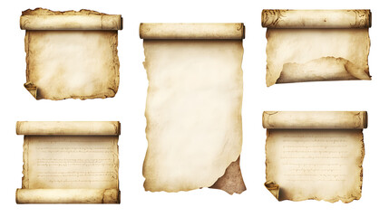 Set of blank vintage scrolls isolated on a transparent background