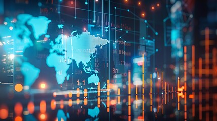 Fototapeta premium A conceptual image of global economy with a world map overlaid with financial symbols and graphs, indicating international trade and economic connections. 8k UHD, suitable for high-quality printing 