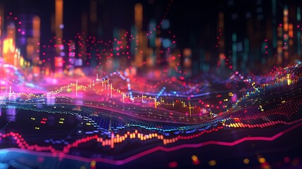 Obraz premium A digital representation of stock market trends with colorful graphs and candlestick charts, set against a dark background, emphasizing the volatility of the economy. 8k UHD, suitable for high-quality