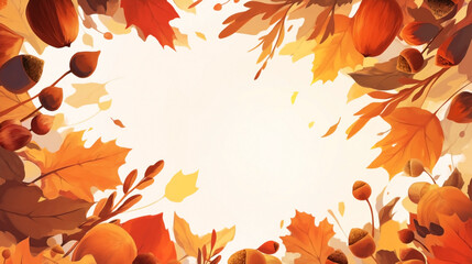 flat lay composition with a border of dried oak leaves and acorns on a white background