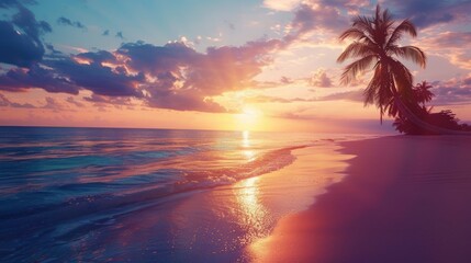 Tropical sea beach colorful sky sand sunset light. Relaxation landscape, horizon with palm trees and calm sea. Romantic couple seaside beach, shore coast nature. Gorgeous landscape, stunning sky , ai
