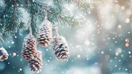Frosty Pine Cones Hanging From Evergreen Branches With Falling Snow / Christmas Decoration Concept with generative ai