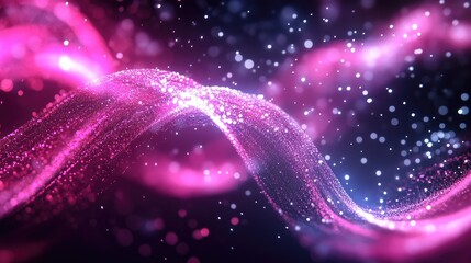 Fototapeta premium Abstract pink and white glowing wave with bokeh effect on a black background.