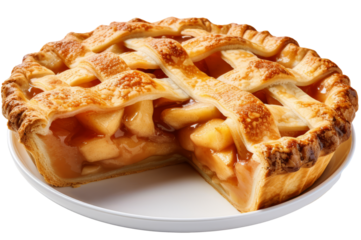 Golden Apple Pie Perfection: Freshly baked apple pie with a slice taken out, showcasing the warm, isolate on transparency background PNG