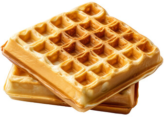 Golden Grids of Goodness: Two perfectly crisp waffles, stacked high, beckon with their warm, isolate on transparency background PNG