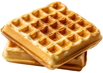 Golden Grids of Goodness: Two perfectly crisp waffles, stacked high, beckon with their warm, isolate on transparency background PNG