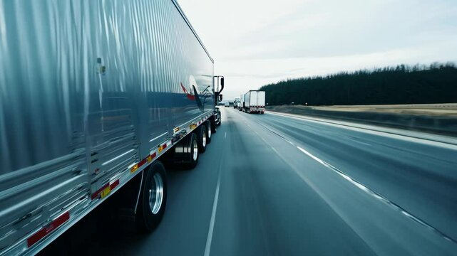 Trucking through scenic highways with multiple vehicles under a cloudy sky in late afternoon