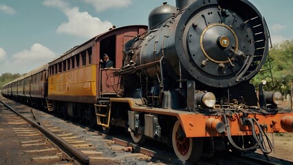 Obraz premium old steam locomotive running on its track
