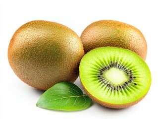 Fototapeta premium Close up of two whole kiwis and one sliced kiwi with a green leaf on a white background.