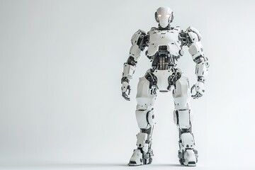 Advanced bipedal robot poised against white backdrop