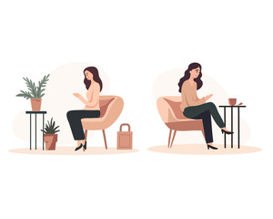 Women sits at soft chairs in front of a coffe tables with decorativ plant. Powdery tones