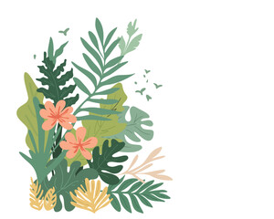 Deciduous tropical wild plants on white background, copy space