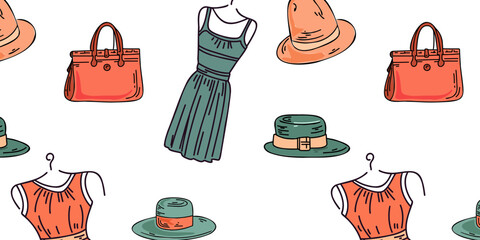 Seamless pattern with fashion dresses, bags and hats on white background