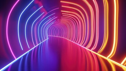 Abstract neon tunnel with vibrant pink blue and orange glowing lines reflecting on a glossy floor.