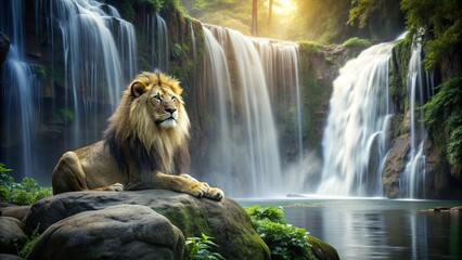 Obraz premium Lion sitting by a tranquil waterfall in the wild, lion, sitting, waterfall, nature, wildlife, predator, majestic, wild