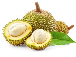 Obraz premium Close-up of durian fruit with green leaves on white background.