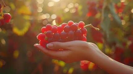 Sunlit female hand holding ripe grapes, ideal image for wine connoisseurs and vineyard enthusiasts