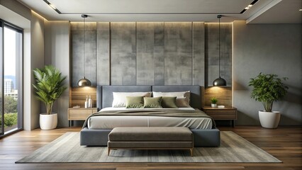 Modern bedroom interior featuring a sleek gray bed , stylish, contemporary, minimalist, interior design, home decor, cozy