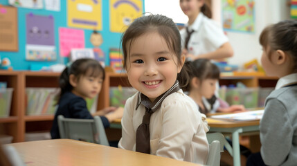Asian kids students in a lively classroom