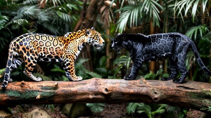 Two Jaguars Facing Each Other on a Tree Branch