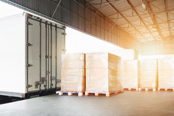Bulk Pallets of Package Boxes Wrapped Plastic Stacked on Pallets. Trucks Loading at Warehouse Dock. Distribution Warehouse Shipping, Supply Chain Supplies, Shipment. Freight Truck Logistics Transport.