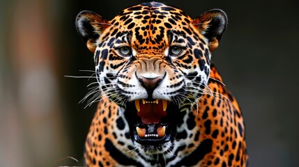 Fototapeta premium Close-up of a growling jaguar with bared teeth and intense stare