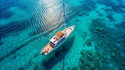 Aerial view of yacht sailing in turquoise sea, yacht, boat, luxury, travel, ocean, blue, water, vacation, seascape, aerial