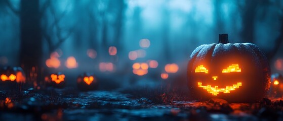 Spooky eerie and creepy Halloween themed image with a glowing jack o lantern pumpkin in a misty autumnal forest setting The pixelated