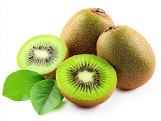 Fototapeta premium Freshly sliced kiwi with leaves isolated on white background.
