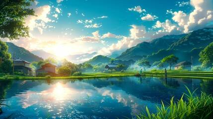 Tranquil Lakeside Village with Mountain Views and Sunny Skies