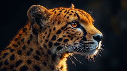 Obraz premium A close-up portrait of a cheetah looking to the right. The cheetah's fur is a beautiful golden brown with black spots. The cheetah's eyes are bright and alert. The background is dark.