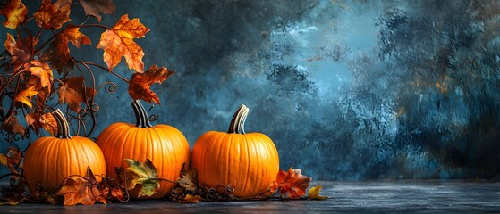 Autumnal Halloween Pumpkins with Vibrant Art Nouveau Inspired Swirls and Foliage Against a Moody Textured Background