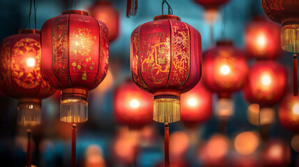 Vibrant red lanterns against a night sky Chinese New year