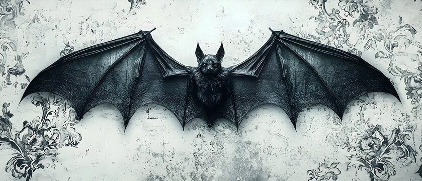 Intricate Art Nouveau inspired Bats with Detailed Wing Patterns Captured in Dramatic Monochrome Photography Evoking a Haunting Supernatural Atmosphere
