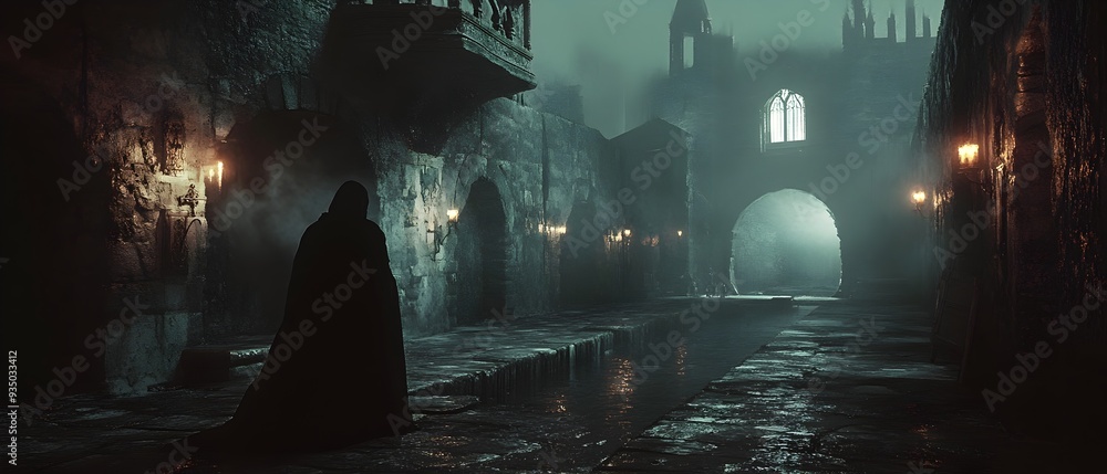 Poster haunted gothic castle shrouded in mysterious mist and spooky atmosphere 3d render of video game char