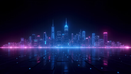 Obraz premium This eye-catching digital artwork features a neon-lit city skyline in wire form with a futuristic background