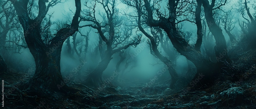 Poster enchanted art nouveau inspired haunted forest with elegant twisted trees a mysterious and atmospheri