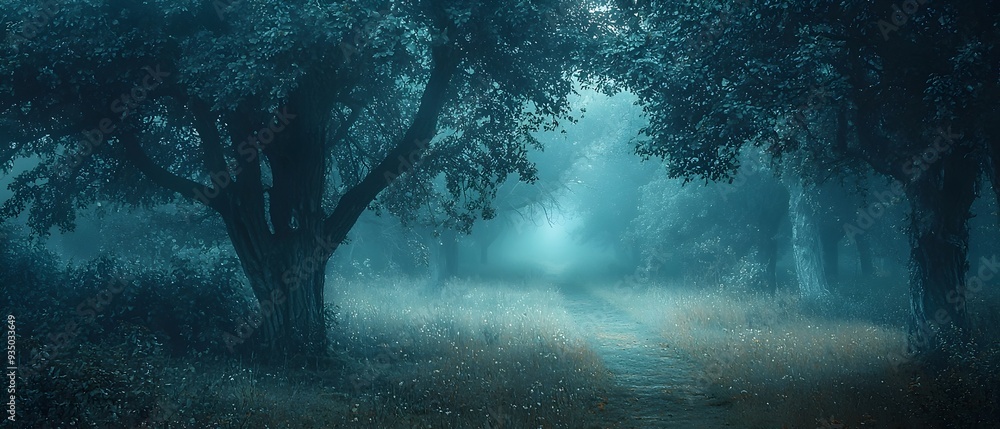 Poster enchanting art nouveau inspired haunted forest with elegant twisted trees shrouded in mist and a cap