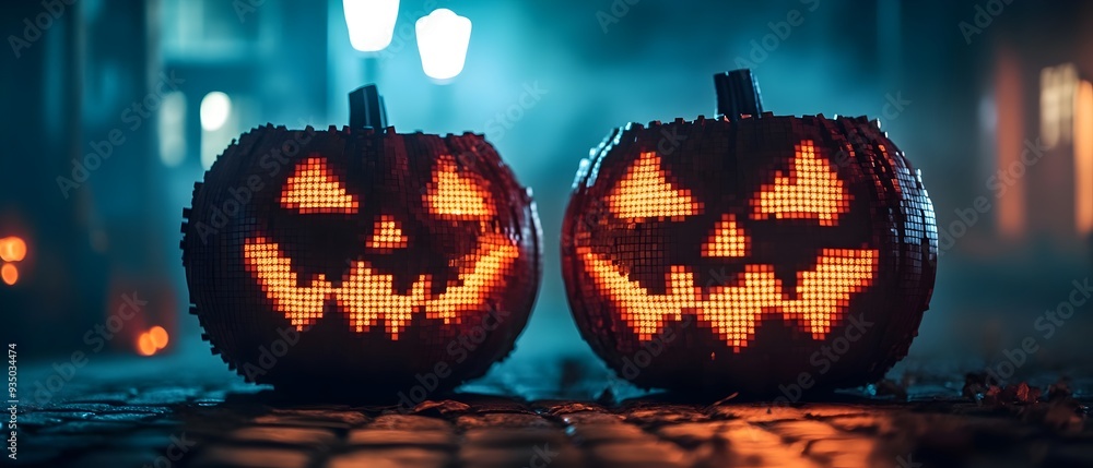 Poster spooky halloween jack o lantern masks with pixelated digital designs and glowing neon lights set aga
