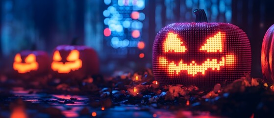 Eerie Video Game Inspired Halloween with Glowing Pixelated Designs and Neon Lights  Photography Concept with Spooky Supernatural Atmosphere and Ample Copy Space for Text Overlay