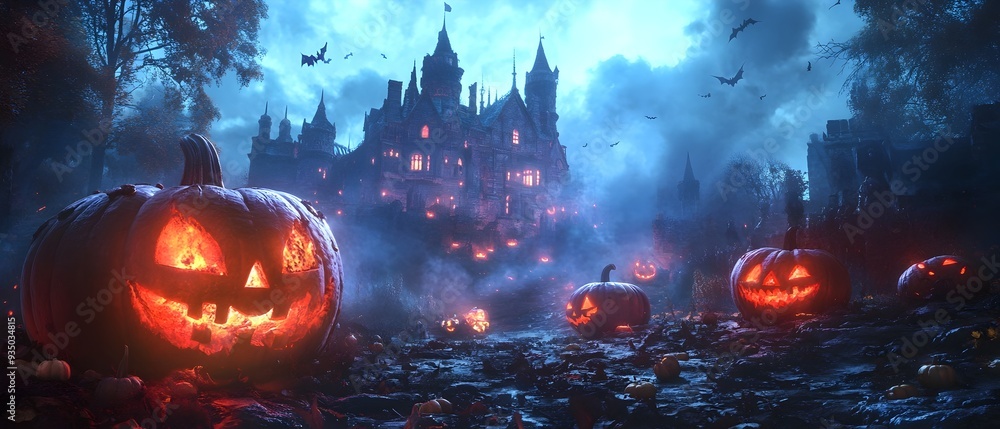 Poster haunted castle filled with spooky video game characters exploring a haunted mansion with creepy hall