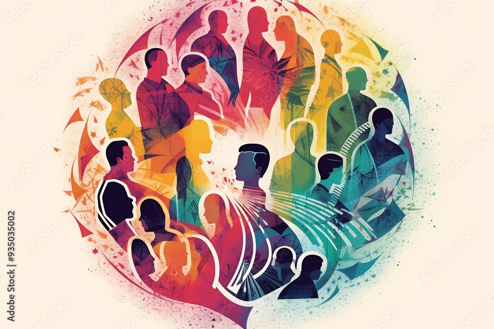 Poster abstract human connection vibrant abstract image showing circle of diverse people each person repres